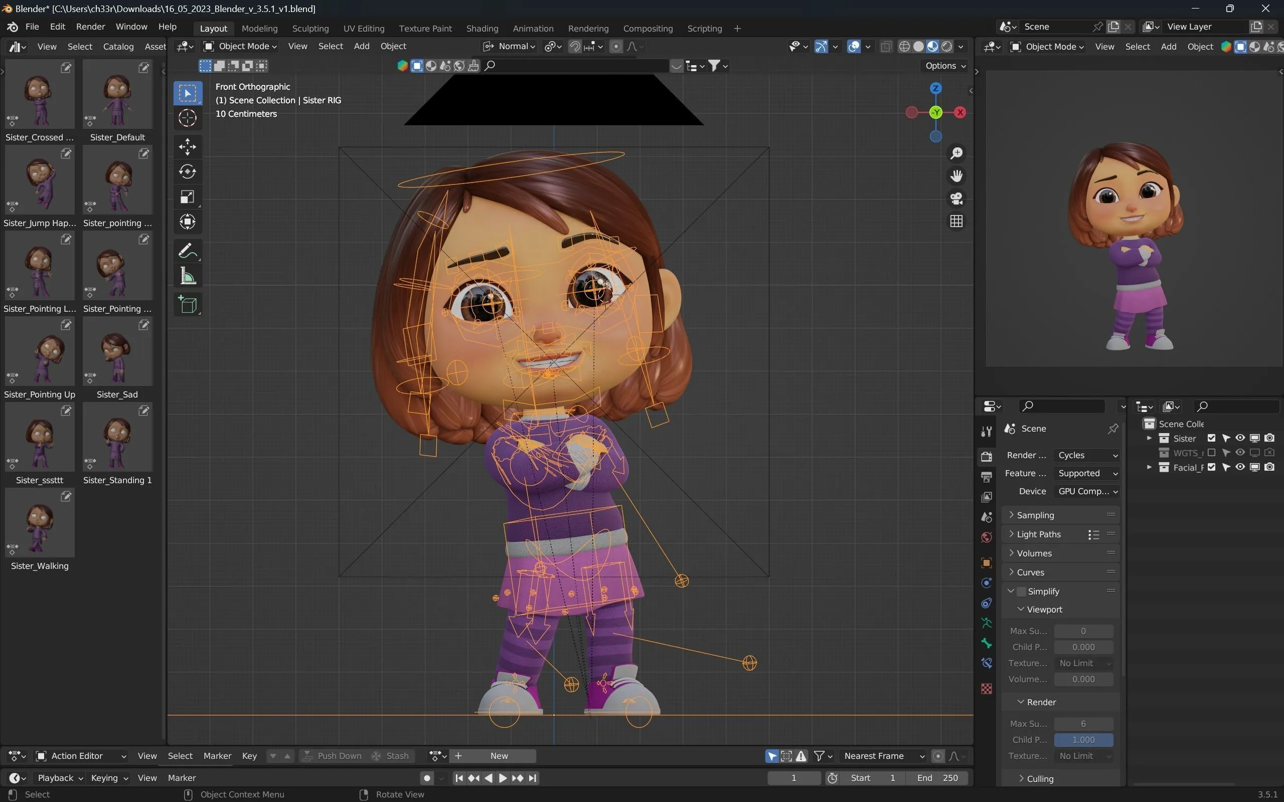Cartoon White Girl 3D model in Blender workspace